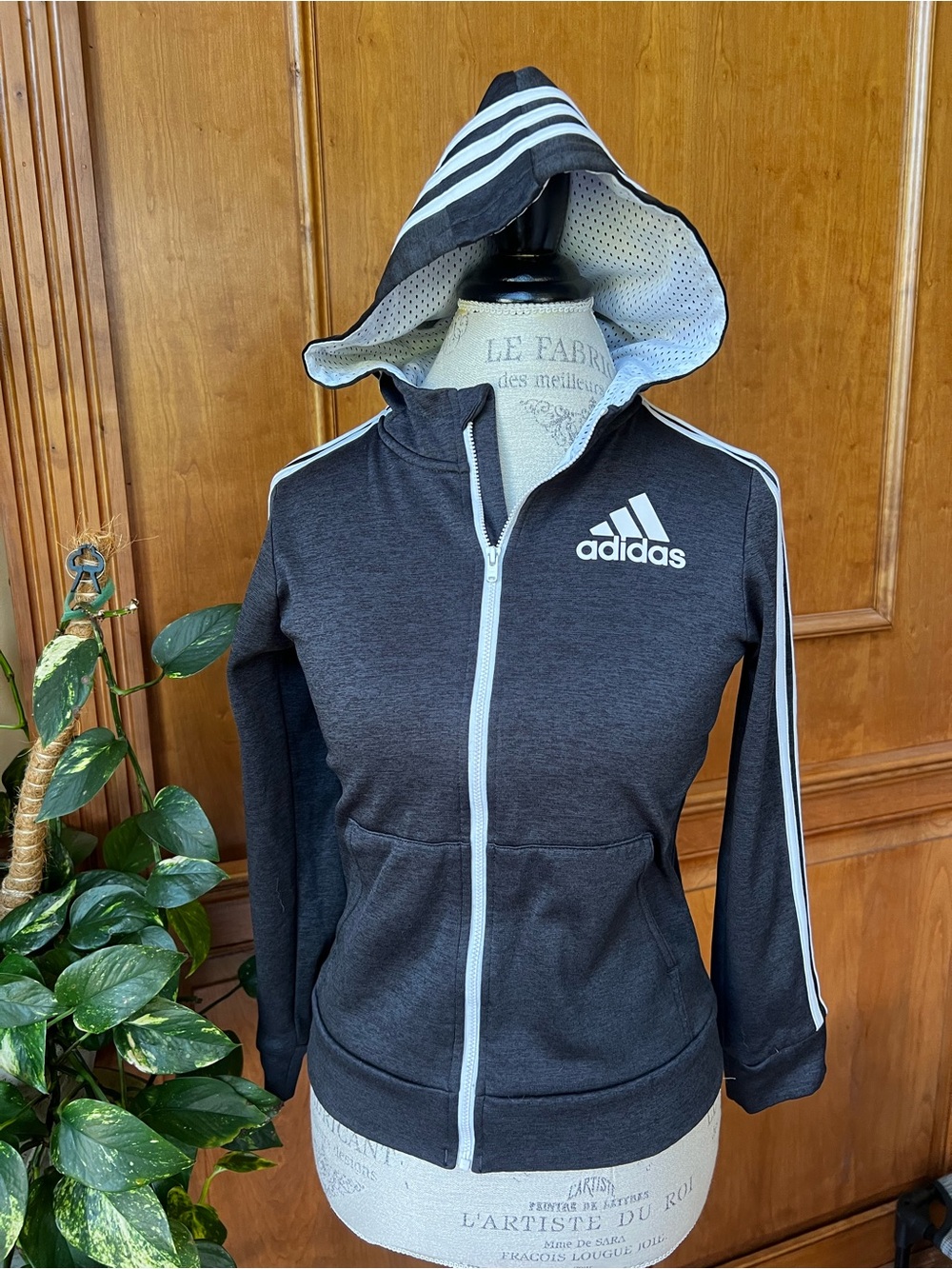 adidas Charcoal and White Kids Zip Hoodie